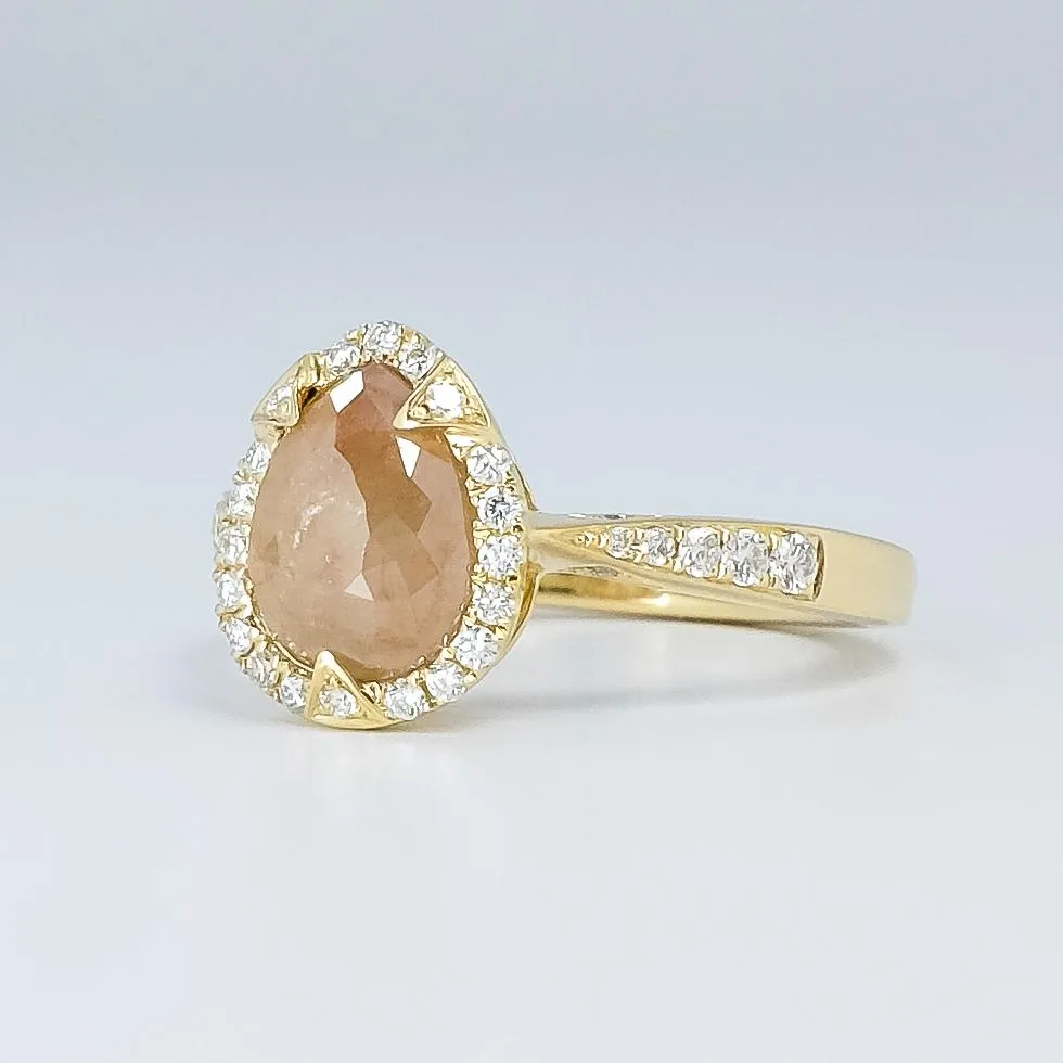14K Yellow Gold 1.40ct Pear Shape Rose-Cut Amber Diamond Halo Statement Ring
