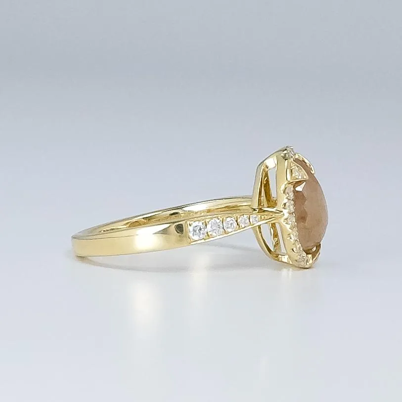 14K Yellow Gold 1.40ct Pear Shape Rose-Cut Amber Diamond Halo Statement Ring