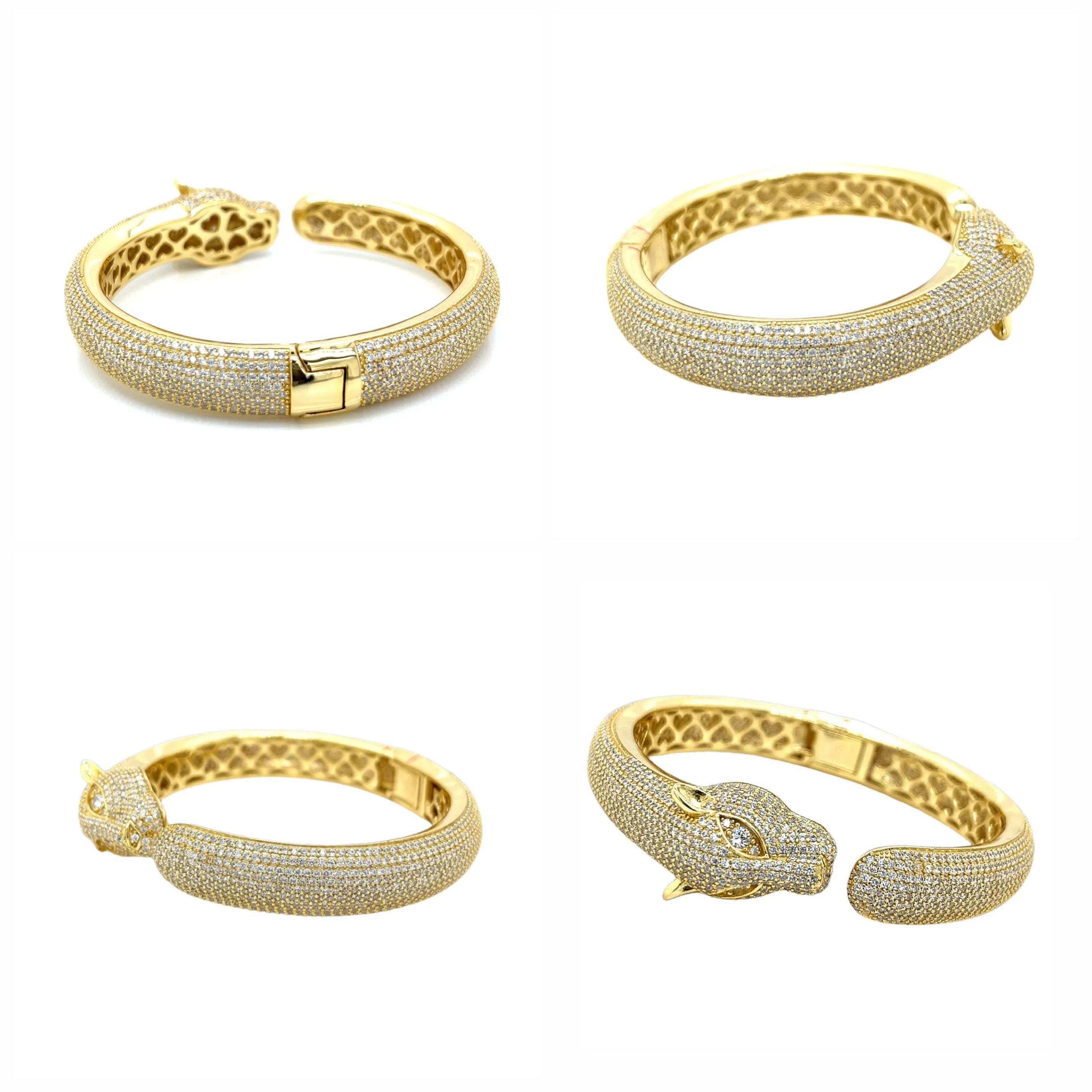 14K Yellow Gold Plated Round Cut Cz Panther Bracelet Men's Shiny Leopard Bangle