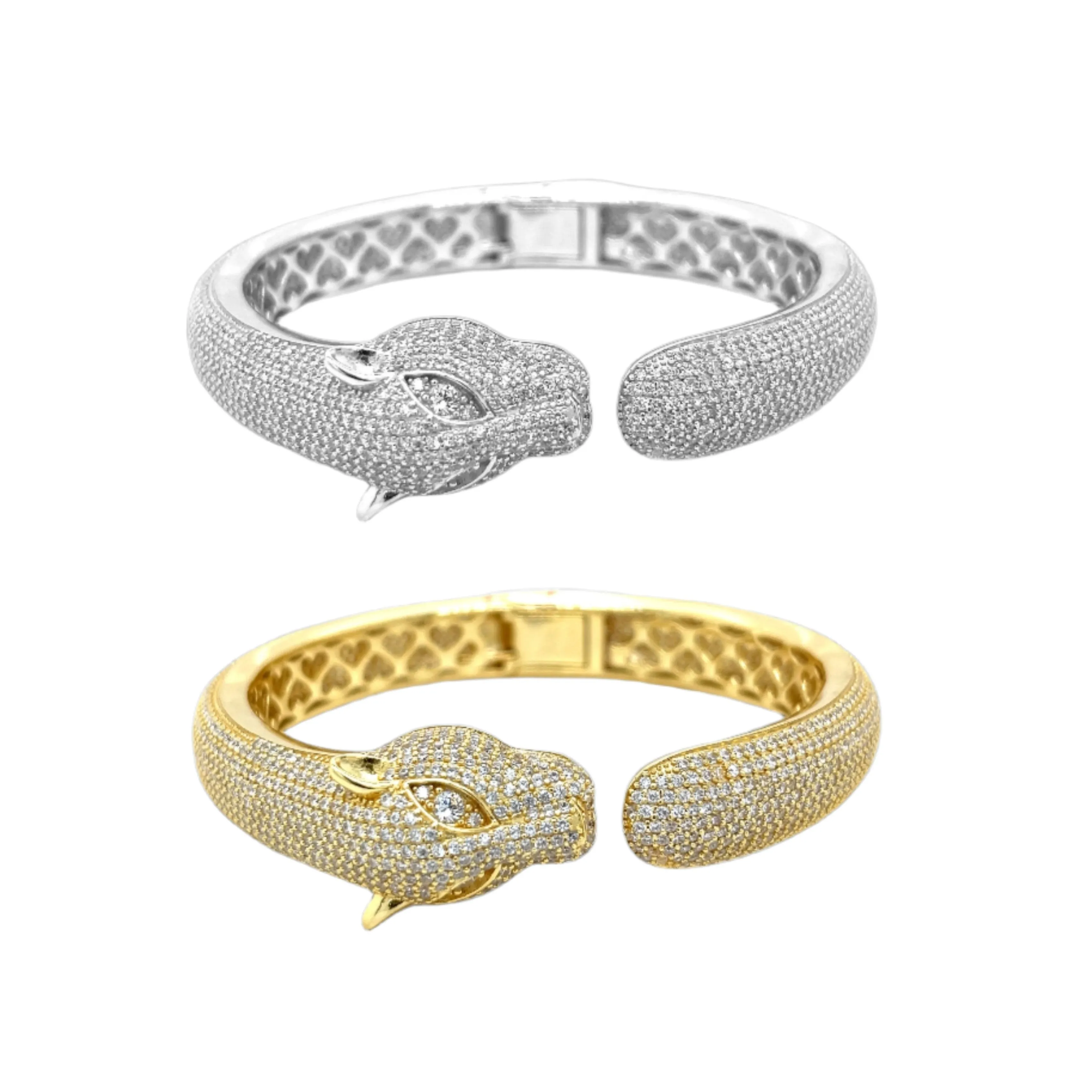 14K Yellow Gold Plated Round Cut Cz Panther Bracelet Men's Shiny Leopard Bangle