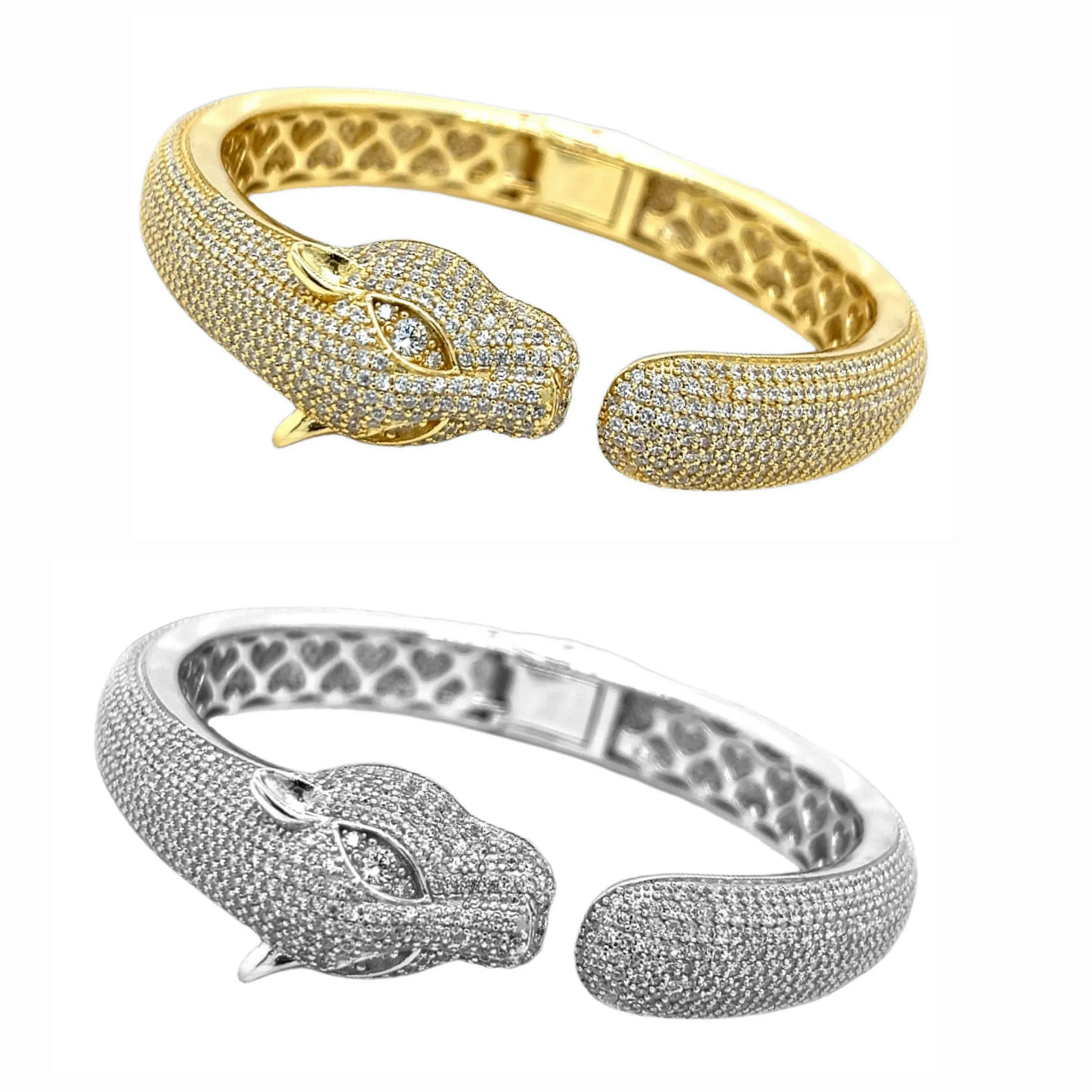 14K Yellow Gold Plated Round Cut Cz Panther Bracelet Men's Shiny Leopard Bangle