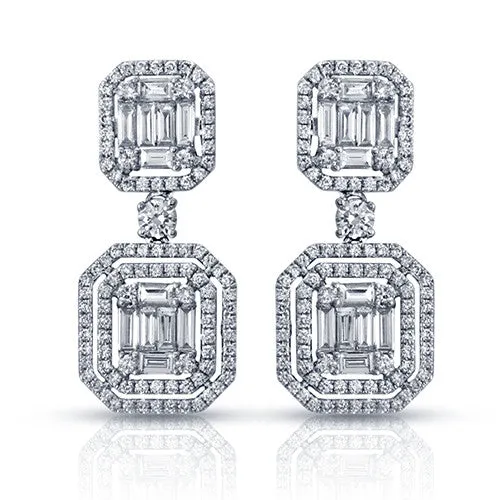 18 Karat White Gold 1.35 Carat Baguette and Round Diamond Dangle Earrings