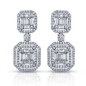 18 Karat White Gold 1.35 Carat Baguette and Round Diamond Dangle Earrings