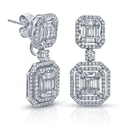 18 Karat White Gold 1.35 Carat Baguette and Round Diamond Dangle Earrings