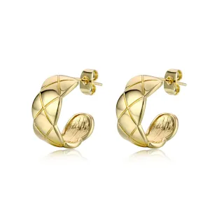 18K Gold-Plated C-Shape Quilt Pattern Huggie Earrings