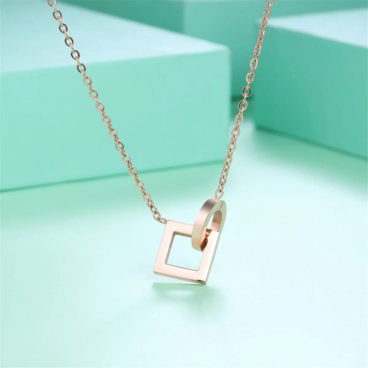 18K Rose Gold-Plated Open Square & Circle Pendant Necklace