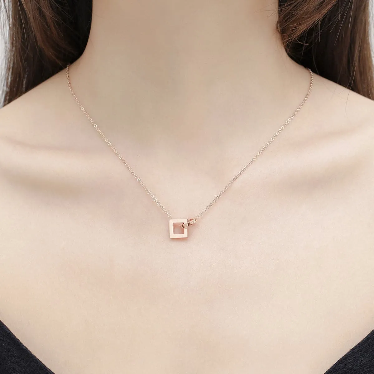18K Rose Gold-Plated Open Square & Circle Pendant Necklace