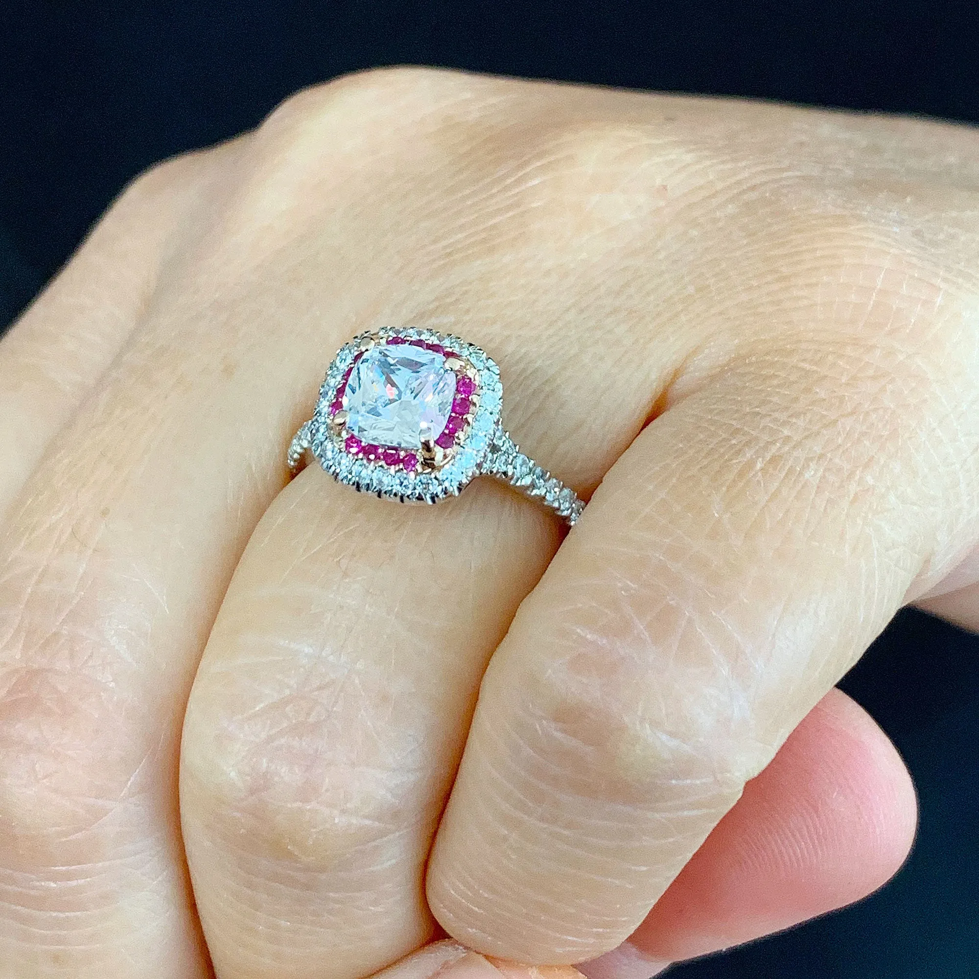 2.20Ctw Women's 14k solid white gold cushion cut forever one moissanite and natural diamond and ruby engagement ring Bridal Wedding Halo