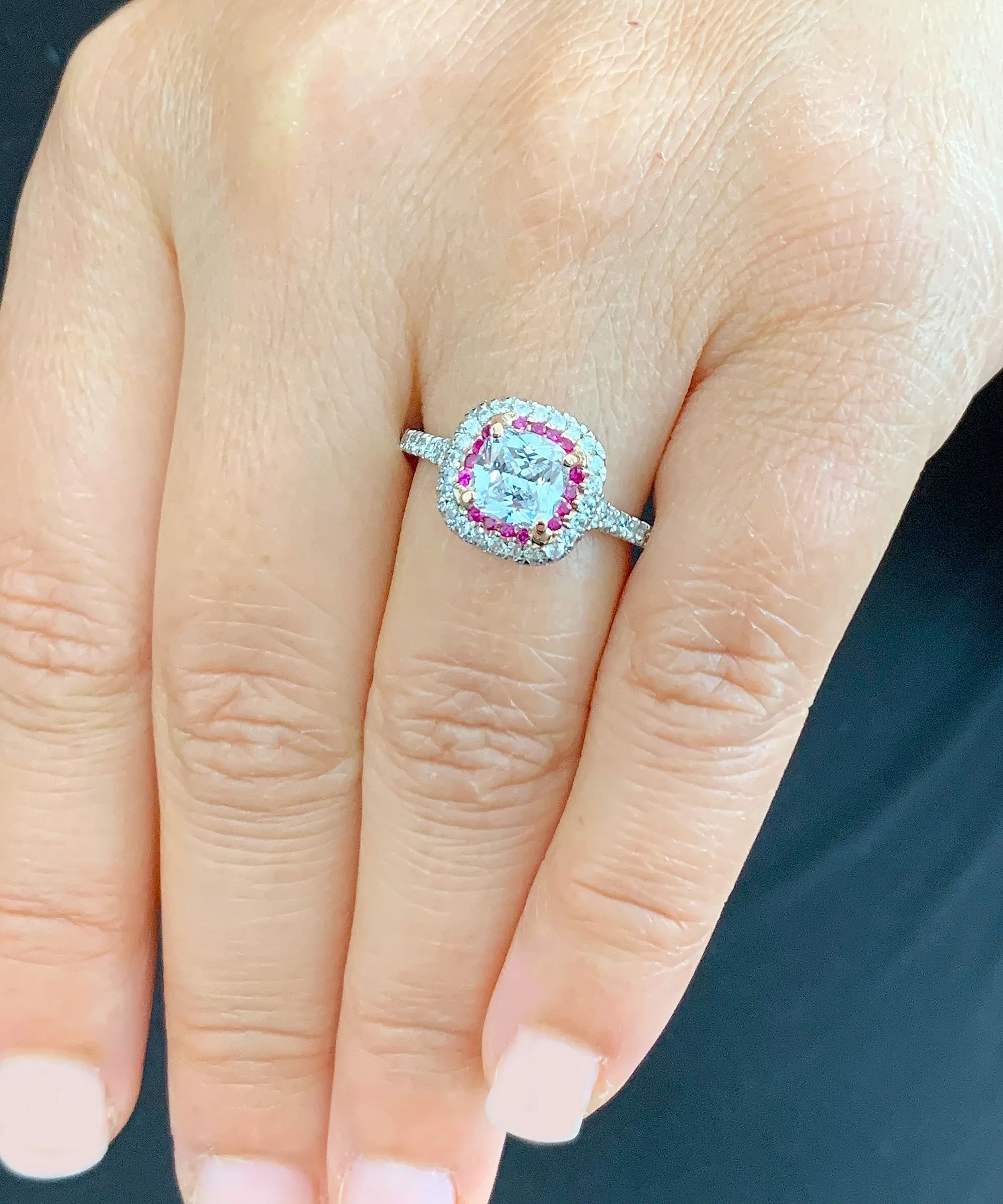 2.20Ctw Women's 14k solid white gold cushion cut forever one moissanite and natural diamond and ruby engagement ring Bridal Wedding Halo