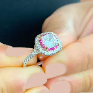 2.20Ctw Women's 14k solid white gold cushion cut forever one moissanite and natural diamond and ruby engagement ring Bridal Wedding Halo