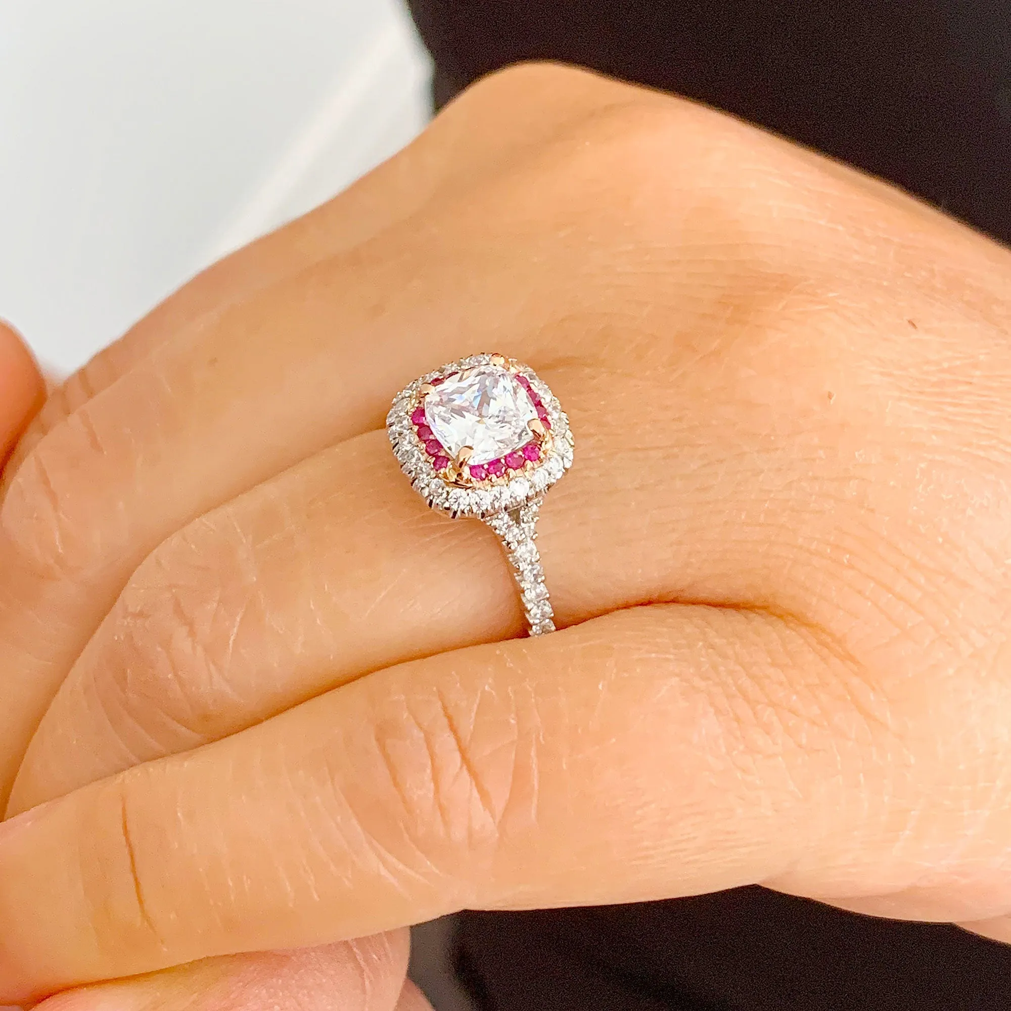 2.20Ctw Women's 14k solid white gold cushion cut forever one moissanite and natural diamond and ruby engagement ring Bridal Wedding Halo