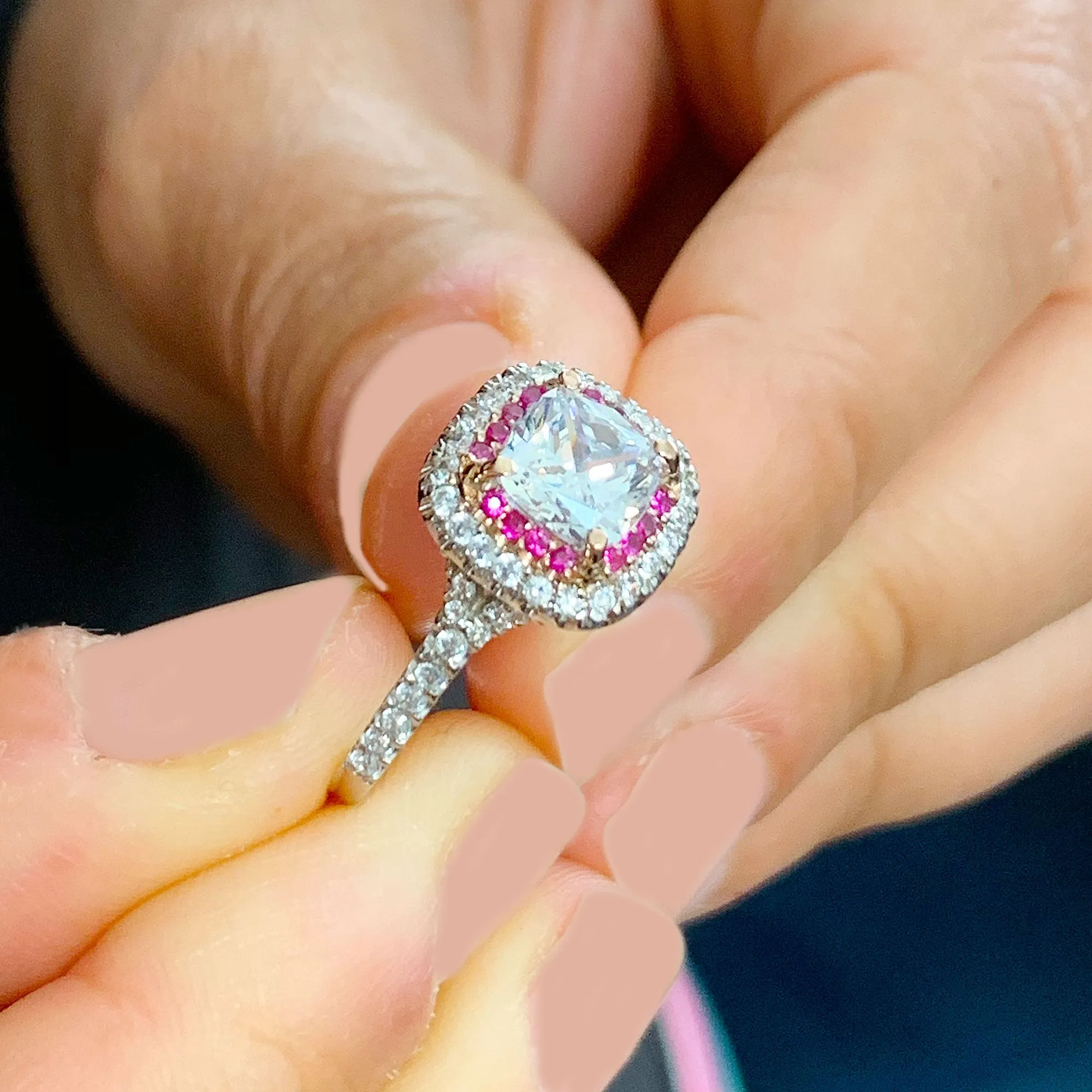 2.20Ctw Women's 14k solid white gold cushion cut forever one moissanite and natural diamond and ruby engagement ring Bridal Wedding Halo