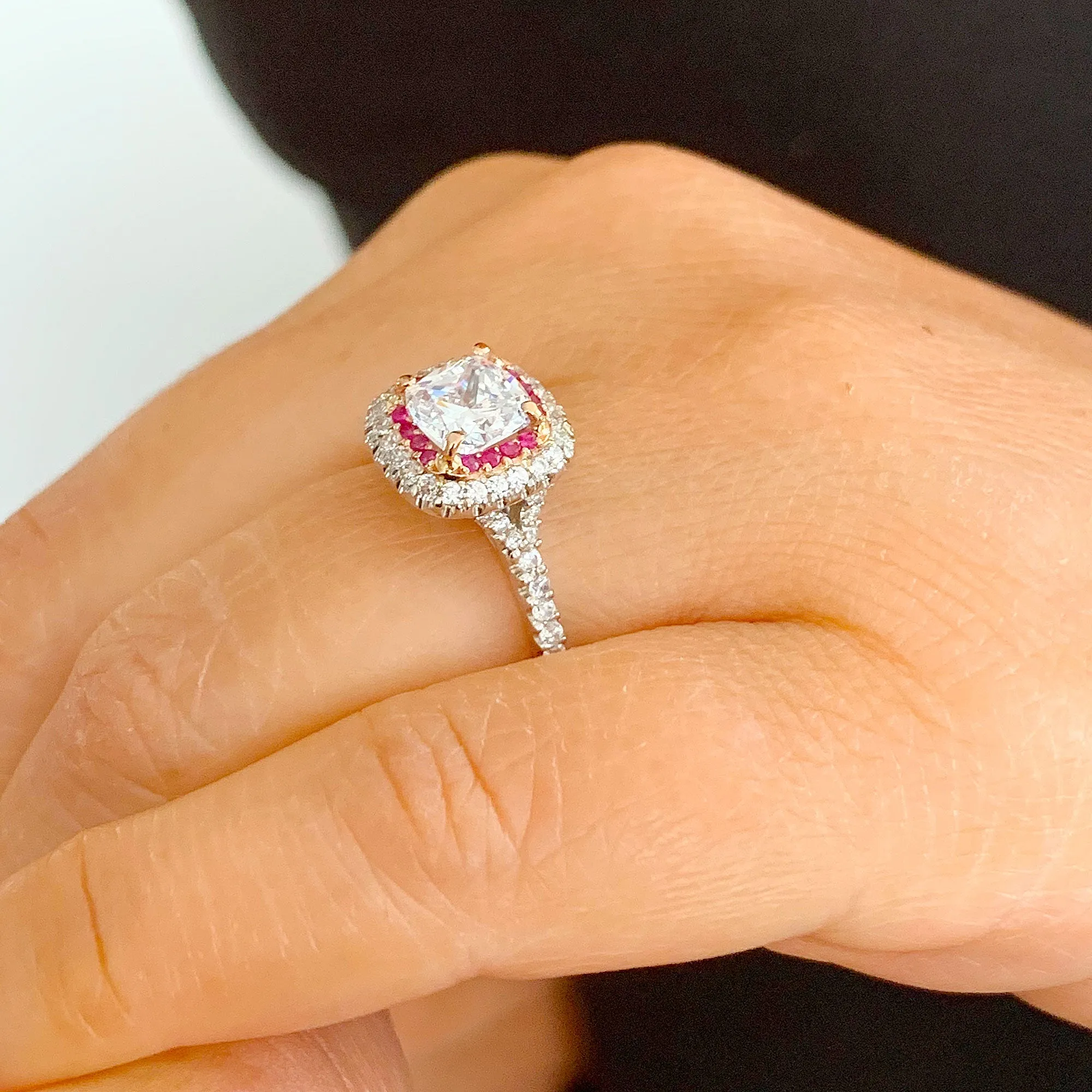 2.20Ctw Women's 14k solid white gold cushion cut forever one moissanite and natural diamond and ruby engagement ring Bridal Wedding Halo