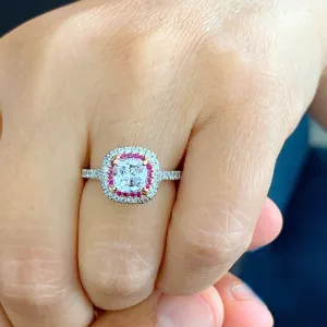 2.20Ctw Women's 14k solid white gold cushion cut moissanite and natural diamond and ruby engagement ring Bridal Wedding Halo
