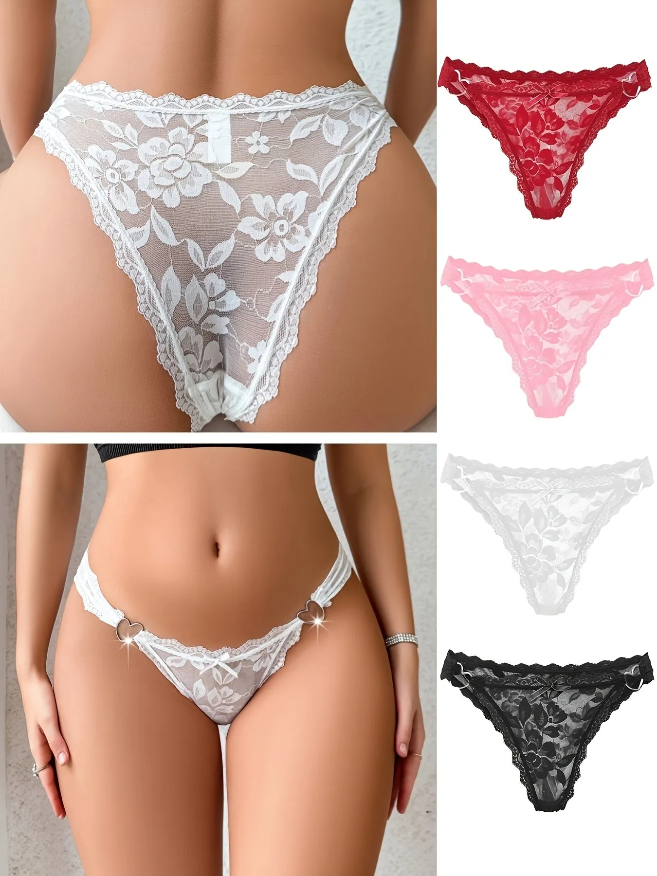 4pcs Women's Lace Thongs with Heart Design - Sexy, Comfortable, Low-Waist Panties
