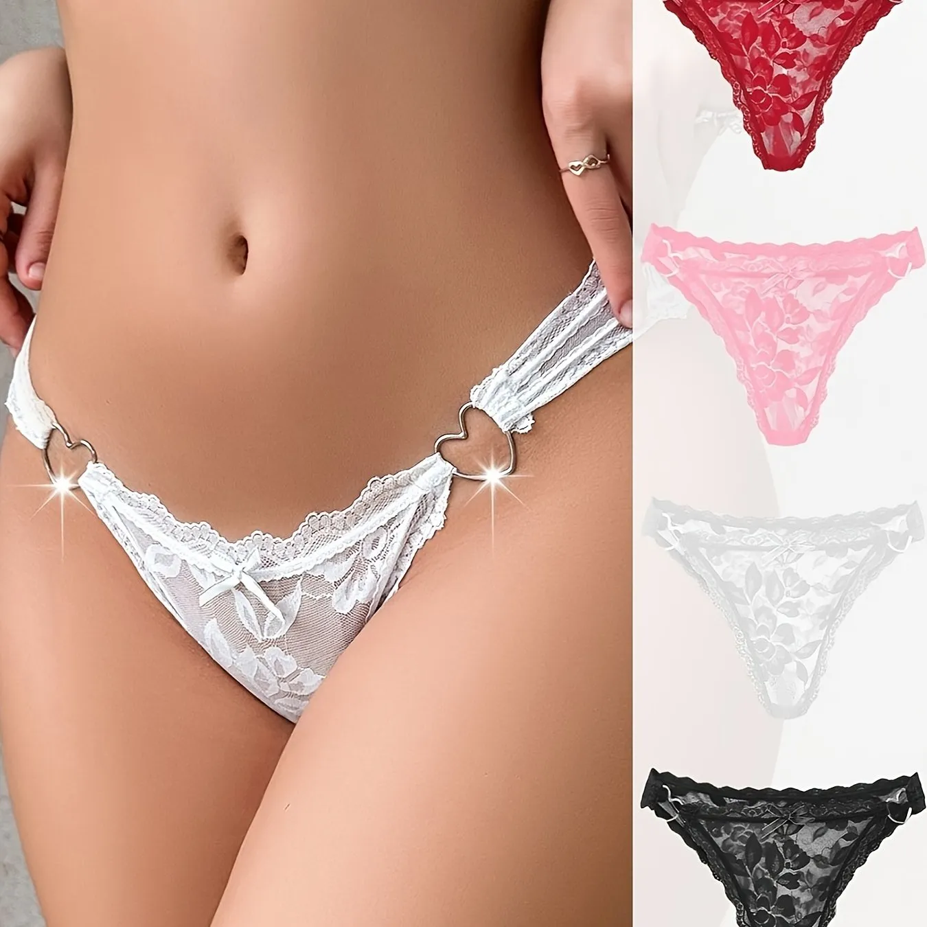 4pcs Women's Lace Thongs with Heart Design - Sexy, Comfortable, Low-Waist Panties