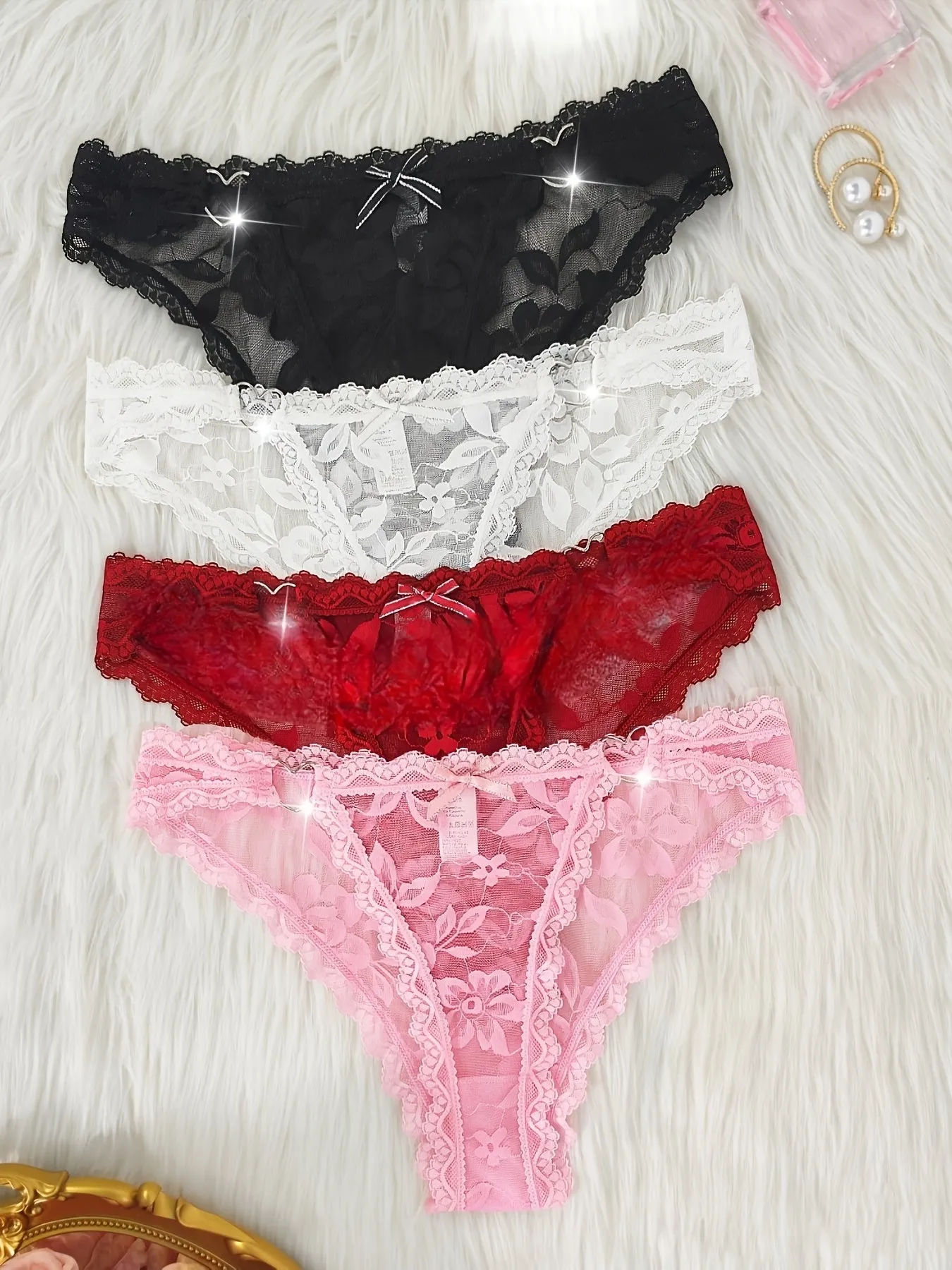 4pcs Women's Lace Thongs with Heart Design - Sexy, Comfortable, Low-Waist Panties