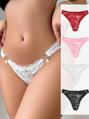 4pcs Women's Lace Thongs with Heart Design - Sexy, Comfortable, Low-Waist Panties