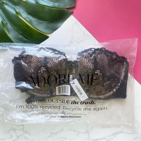 Adore Me 36C Kimmy Black Lace Balconette Push Up Bra
