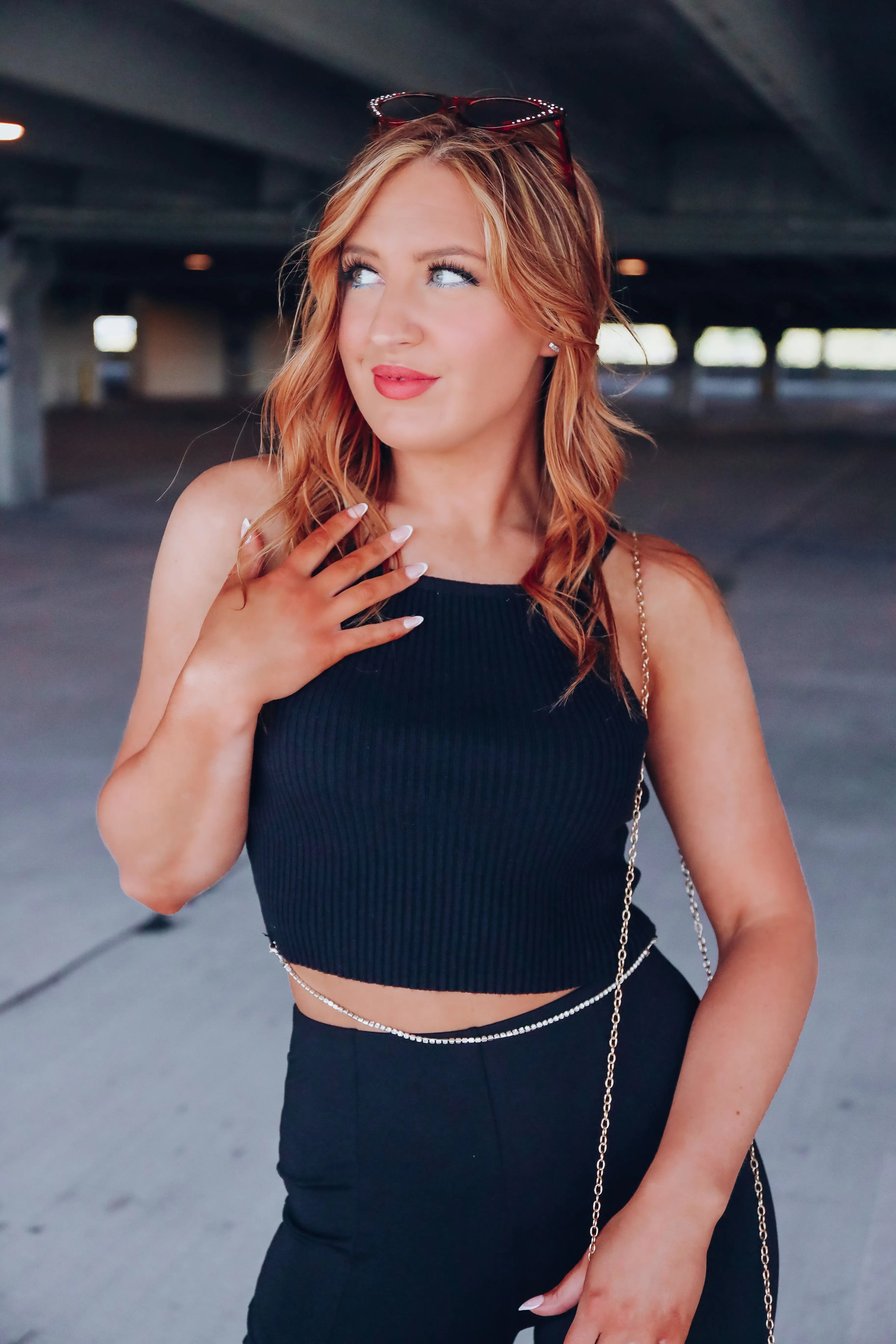 Amara Ribbed Rhinestone Tank - Black