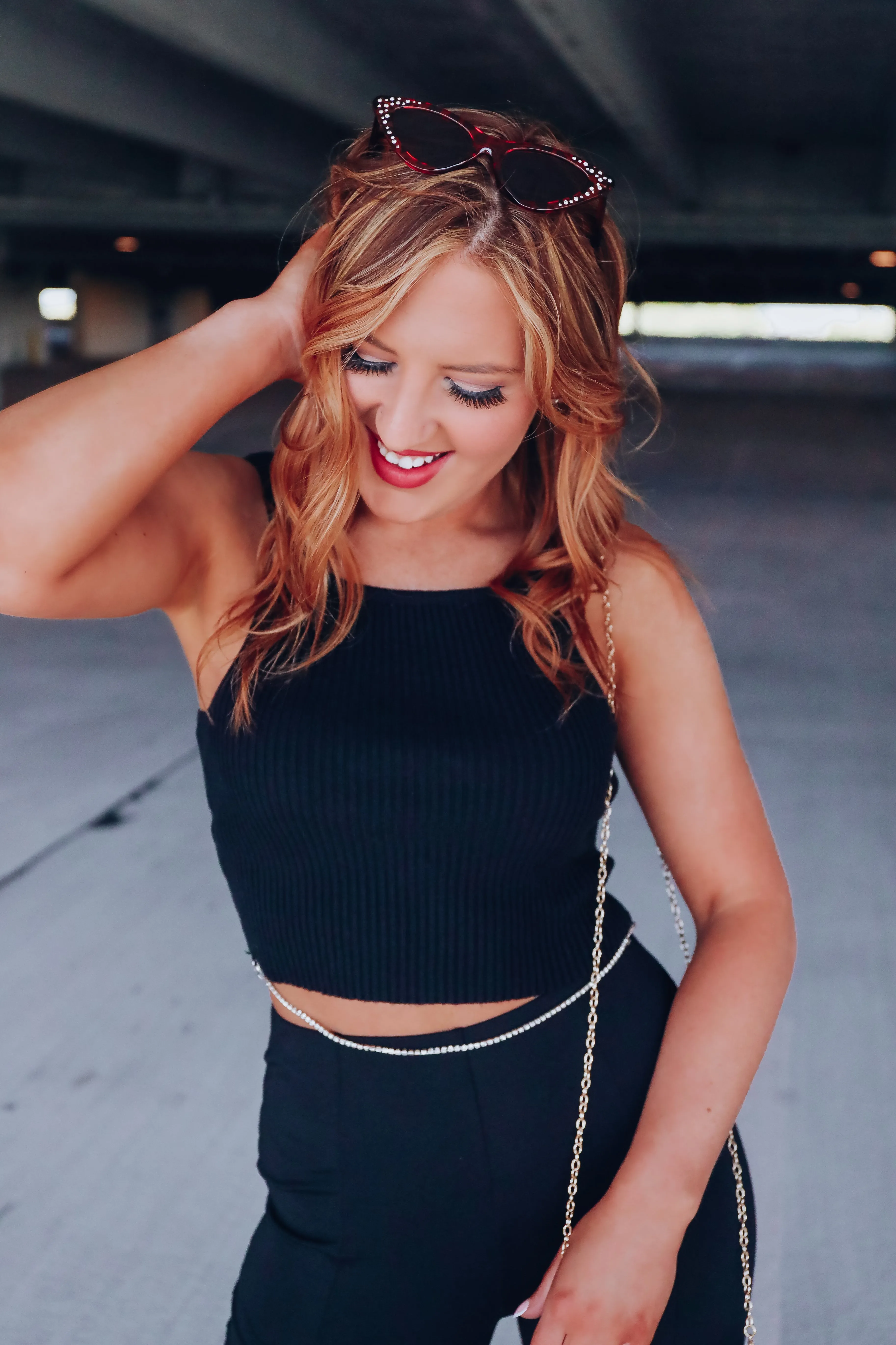 Amara Ribbed Rhinestone Tank - Black