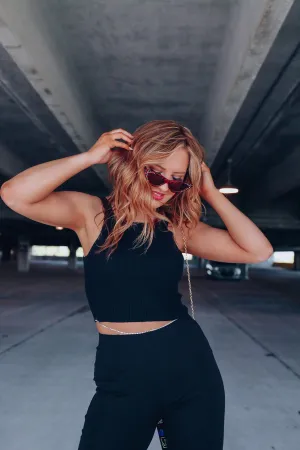 Amara Ribbed Rhinestone Tank - Black