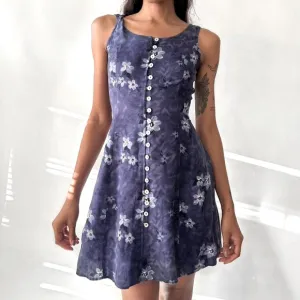 American Vintage Women's Purple and Blue Dress 90s Fitted Button Floral Midi