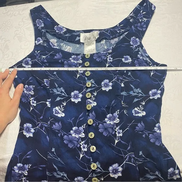 American Vintage Women's Purple and Blue Dress 90s Fitted Button Floral Midi