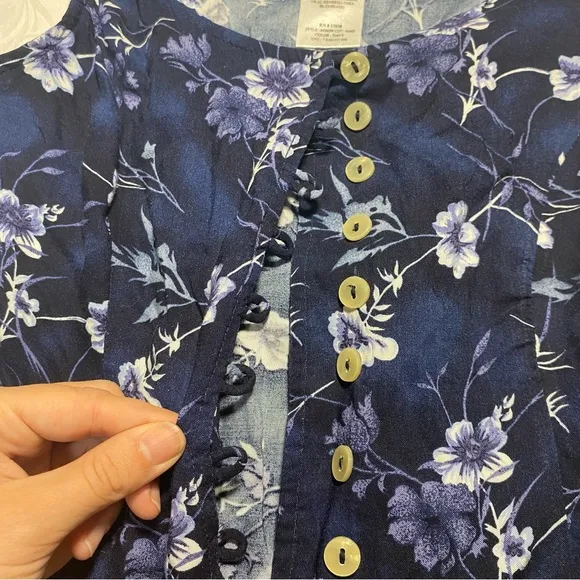 American Vintage Women's Purple and Blue Dress 90s Fitted Button Floral Midi