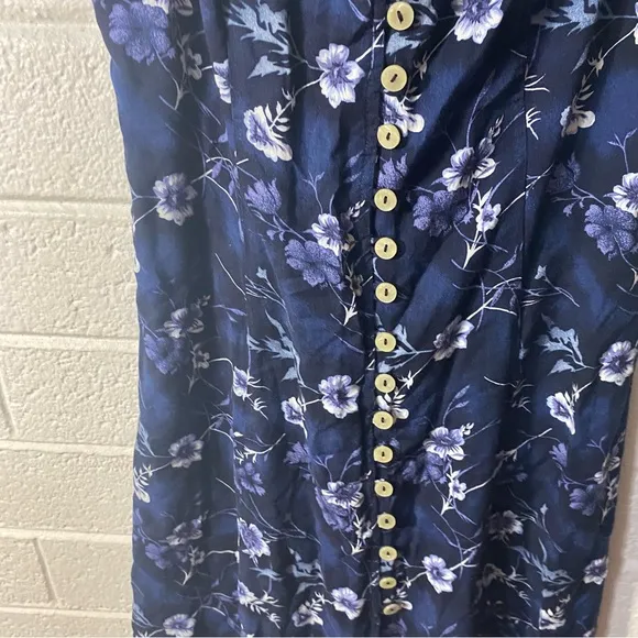 American Vintage Women's Purple and Blue Dress 90s Fitted Button Floral Midi