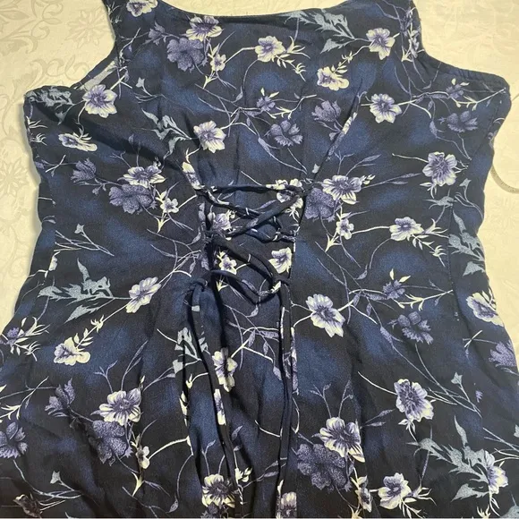 American Vintage Women's Purple and Blue Dress 90s Fitted Button Floral Midi