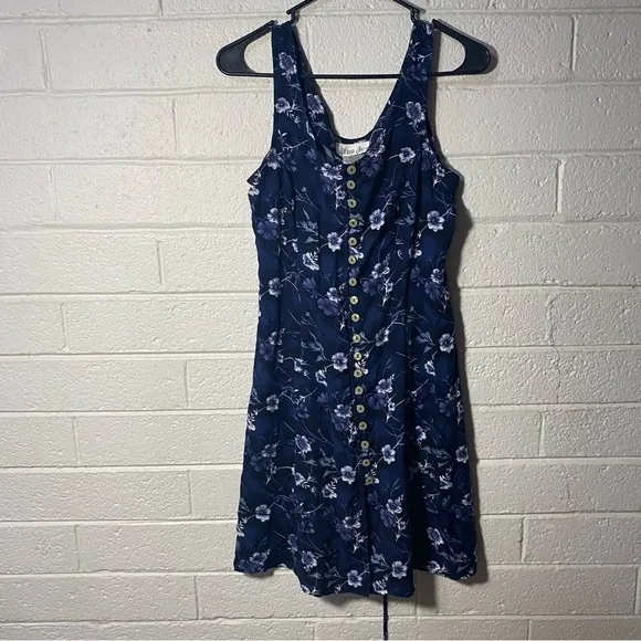 American Vintage Women's Purple and Blue Dress 90s Fitted Button Floral Midi