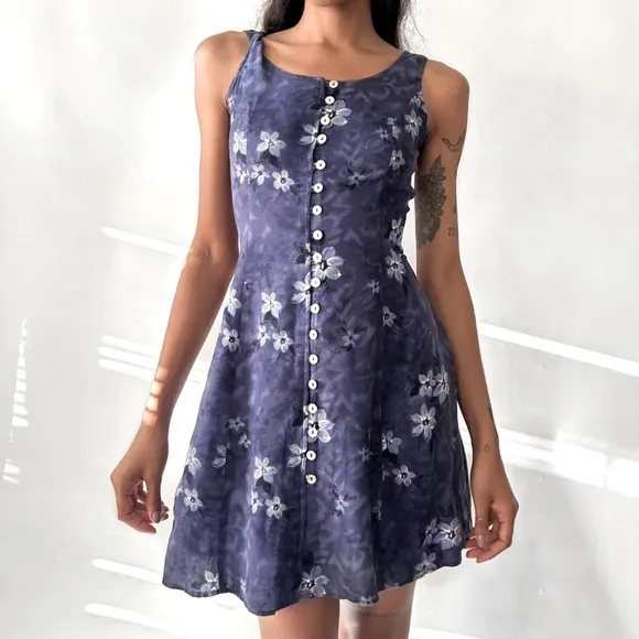 American Vintage Women's Purple and Blue Dress 90s Fitted Button Floral Midi