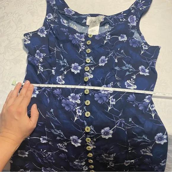 American Vintage Women's Purple and Blue Dress 90s Fitted Button Floral Midi