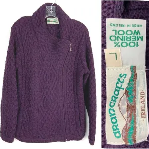 ARAN CRAFT Ladies 100% Wool Cable Knit Side Zip Cardigan Purple Sz L