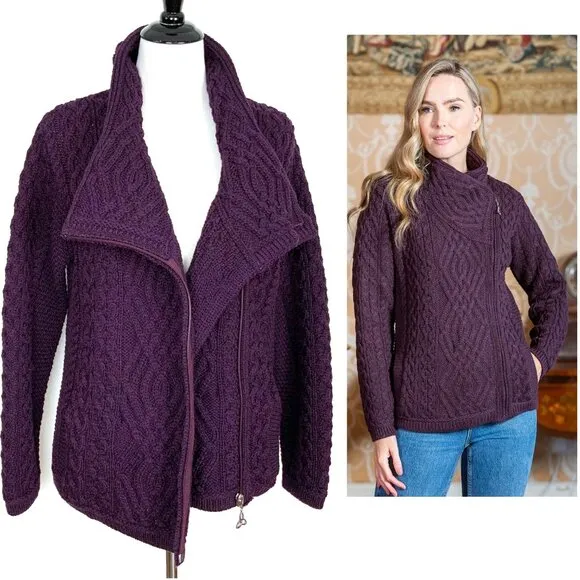 ARAN CRAFT Ladies 100% Wool Cable Knit Side Zip Cardigan Purple Sz L