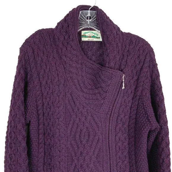 ARAN CRAFT Ladies 100% Wool Cable Knit Side Zip Cardigan Purple Sz L