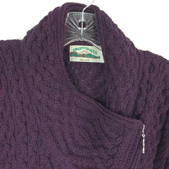 ARAN CRAFT Ladies 100% Wool Cable Knit Side Zip Cardigan Purple Sz L