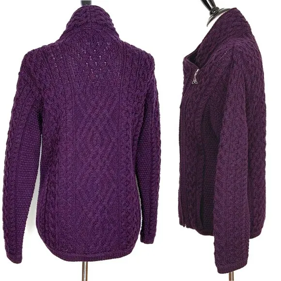 ARAN CRAFT Ladies 100% Wool Cable Knit Side Zip Cardigan Purple Sz L