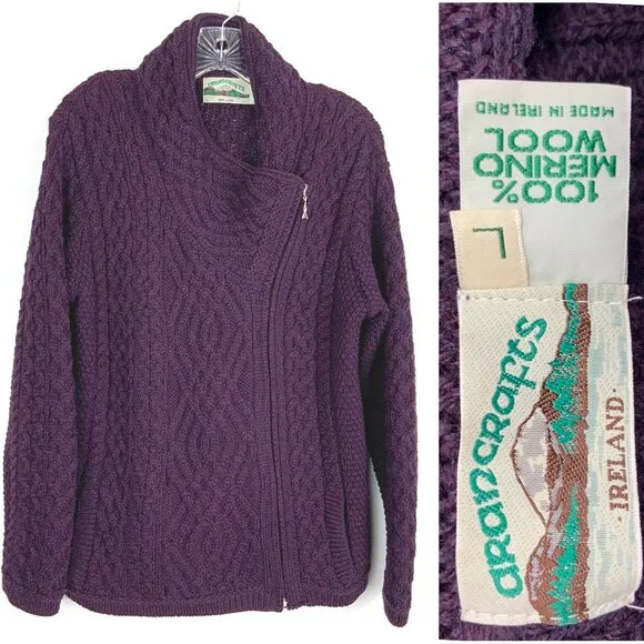 ARAN CRAFT Ladies 100% Wool Cable Knit Side Zip Cardigan Purple Sz L