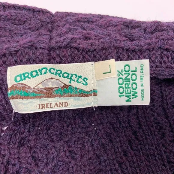 ARAN CRAFT Ladies 100% Wool Cable Knit Side Zip Cardigan Purple Sz L