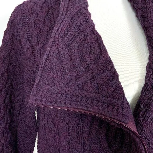 ARAN CRAFT Ladies 100% Wool Cable Knit Side Zip Cardigan Purple Sz L