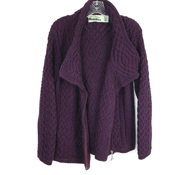 ARAN CRAFT Ladies 100% Wool Cable Knit Side Zip Cardigan Purple Sz L