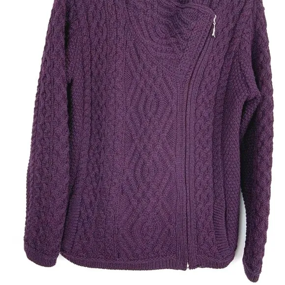 ARAN CRAFT Ladies 100% Wool Cable Knit Side Zip Cardigan Purple Sz L