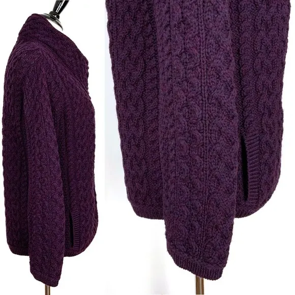 ARAN CRAFT Ladies 100% Wool Cable Knit Side Zip Cardigan Purple Sz L