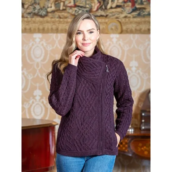 ARAN CRAFT Ladies 100% Wool Cable Knit Side Zip Cardigan Purple Sz L