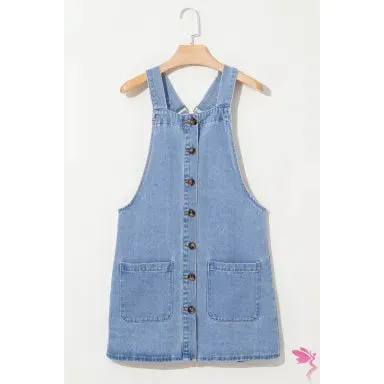 Beau Blue Wide Strap Button Front Pocketed Denim Mini Dress