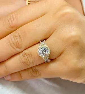 Beautiful 2.00 Carat Women's 14k solid white and yellow gold round cut moissanite and natural round cut diamond engagement ring