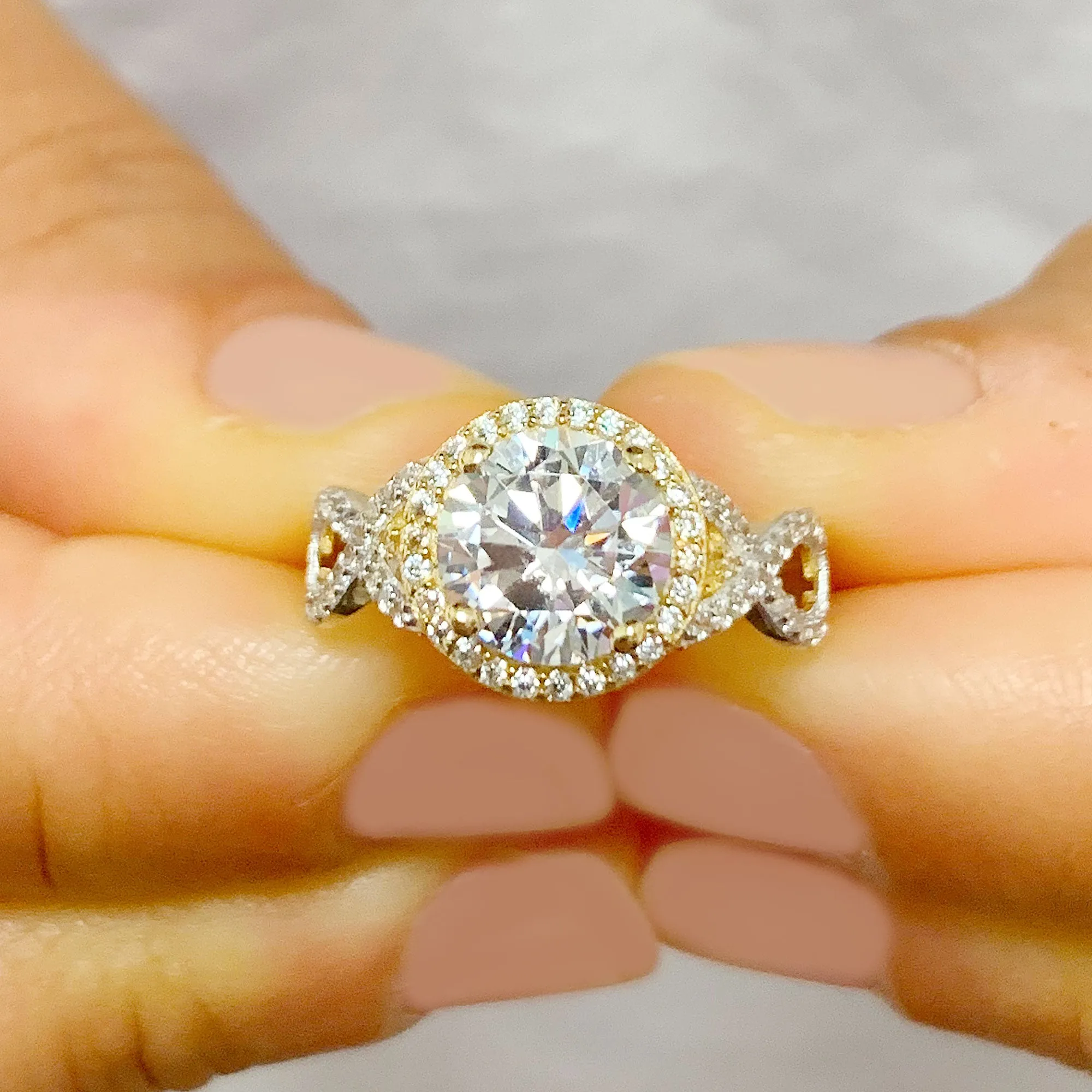 Beautiful 2.00 Carat Women's 14k solid white and yellow gold round cut moissanite and natural round cut diamond engagement ring