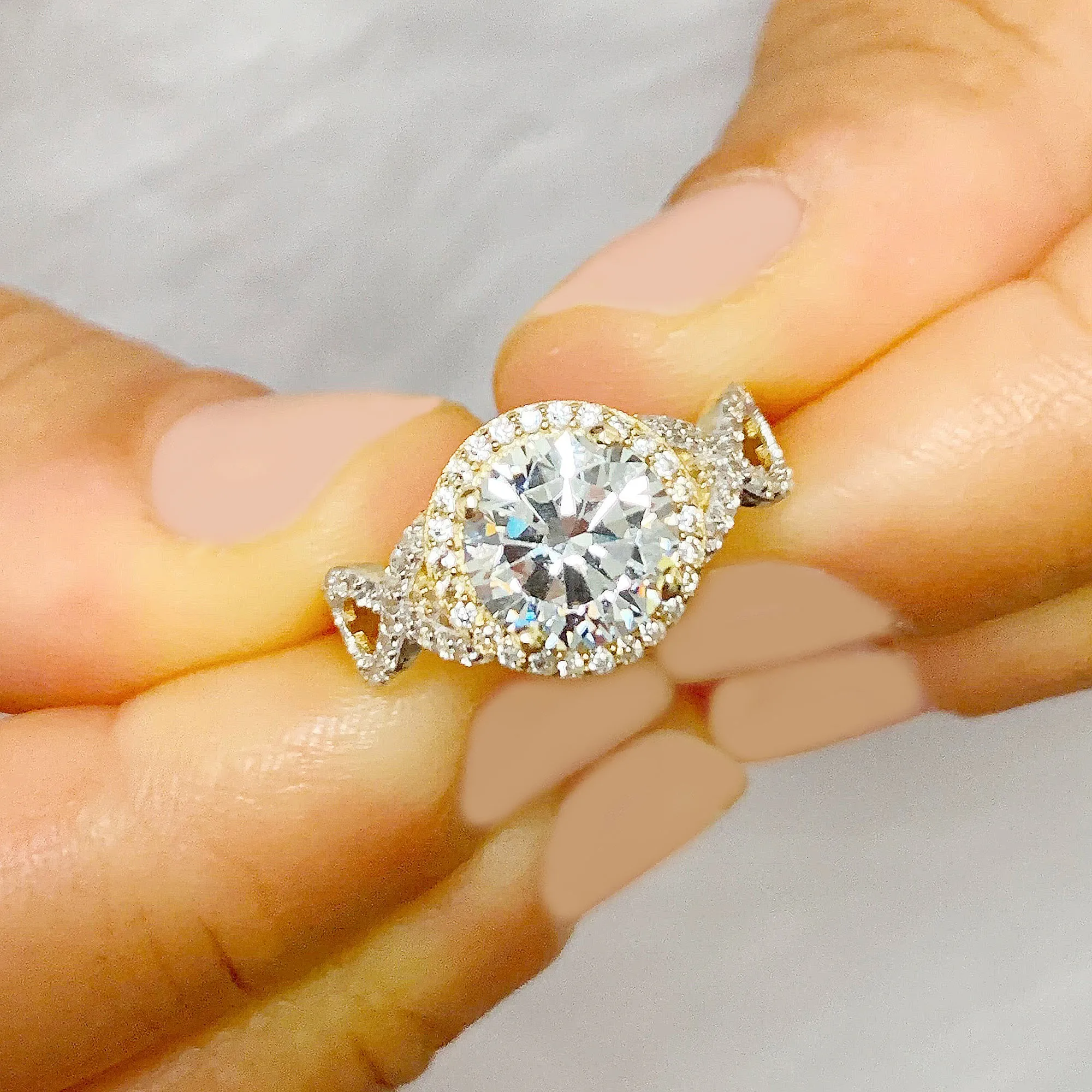 Beautiful 2.00 Carat Women's 14k solid white and yellow gold round cut moissanite and natural round cut diamond engagement ring